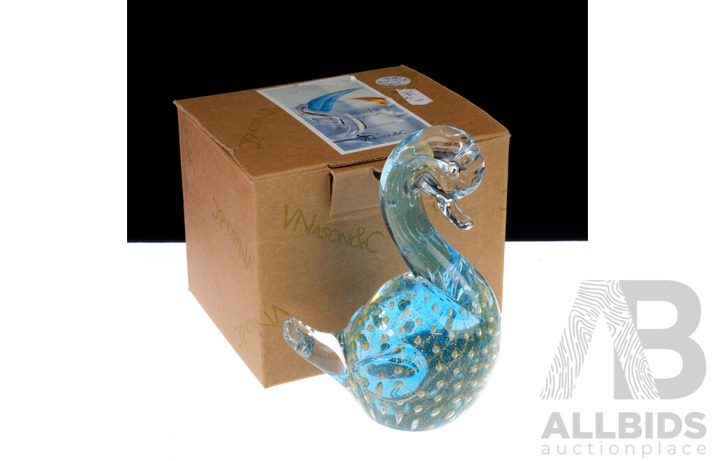 Retro Murano Artistico Vnason & Co Blue and Gold Glass Swan Figure with Original Label and Box
