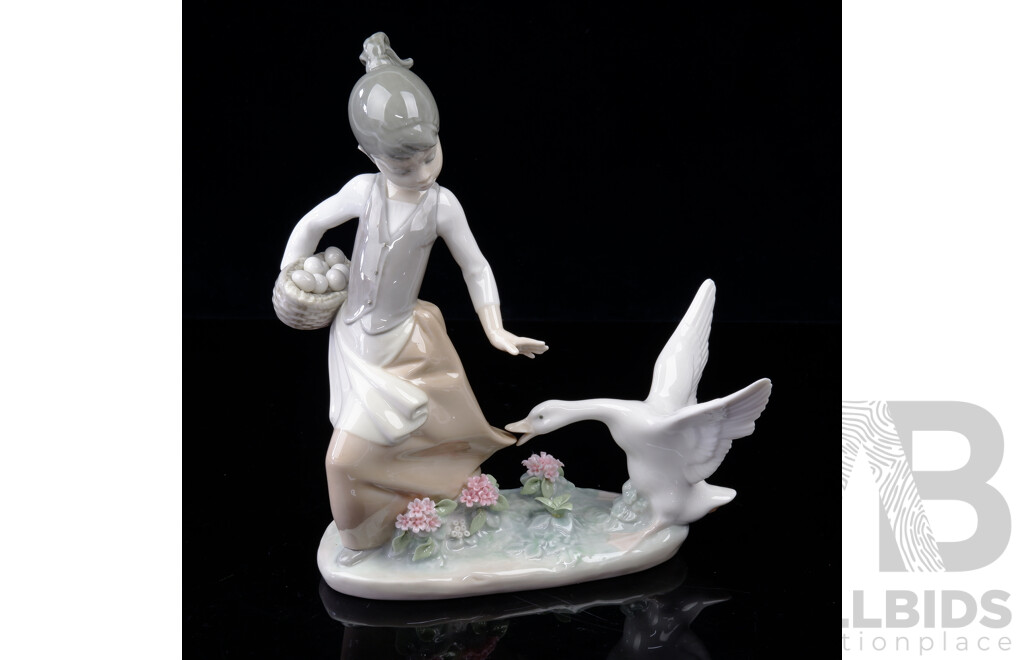 Lladro Porcelain Figure, Young Girl Chased by Goose
