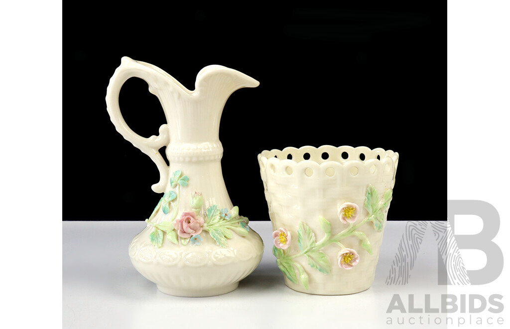 Two Irish Belleek Porcelain Pieces Comprising Classical Ewer with Floral Embellishment and Basket Form Example
