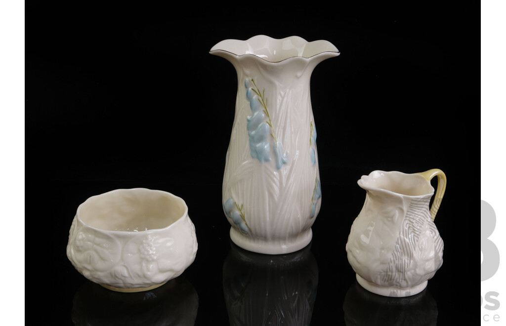 Three Irish Belleek Porcelain Pieces Comprising Cramer, SUgar Bowl and Vase with Snow Drop Motif Decoration