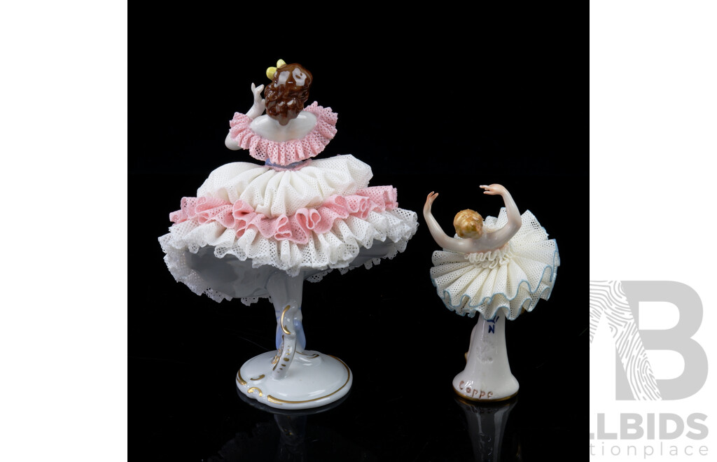 Vintage German Dresden Volkstedt Porcelain Lace Ballerina Figurine Along with a Smaller Example, Probably Potschappel