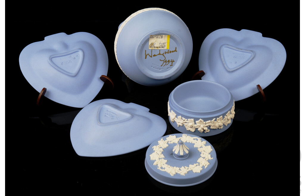 Collection Five Wedgwood Blue and White Jasperware Pieces Including Three Different Heart Shaped Pin Dishes, Jug and More