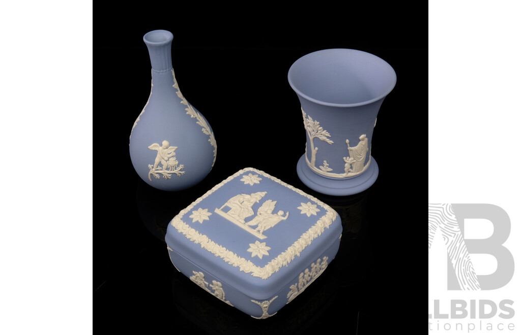 Collection Three Wedgwood Blue and White Jasperware Pieces Including Lidded Trinket Dish and More