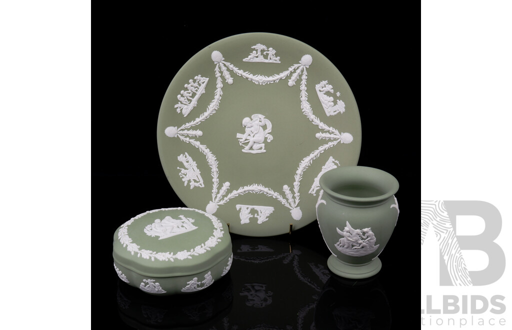Collection Three Wedgwood Green Jasperware Pieces Including Lidded Trinket Dish and More
