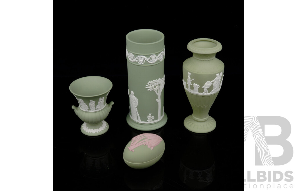 Collection Four Wedgwood Green Jasperware Pieces Including Classical Urn, Egg Form Lidded Dish and More