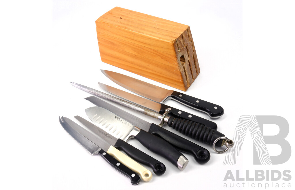 Wooden Knife Block Containing Seben Chefs Knives Including Wusthof Trident Chefs Knife, F Dick Filleting Knife, Three Zwilling Henckels Examples, Sharpening Steel and More