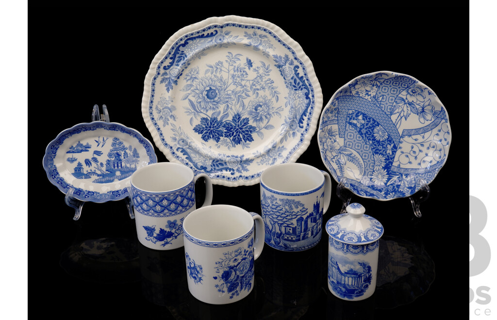 Collection Seven Spode Porcelain Pieces Including Three Blue Room Collection Mugs, Willow Pattern Oval Dish and More
