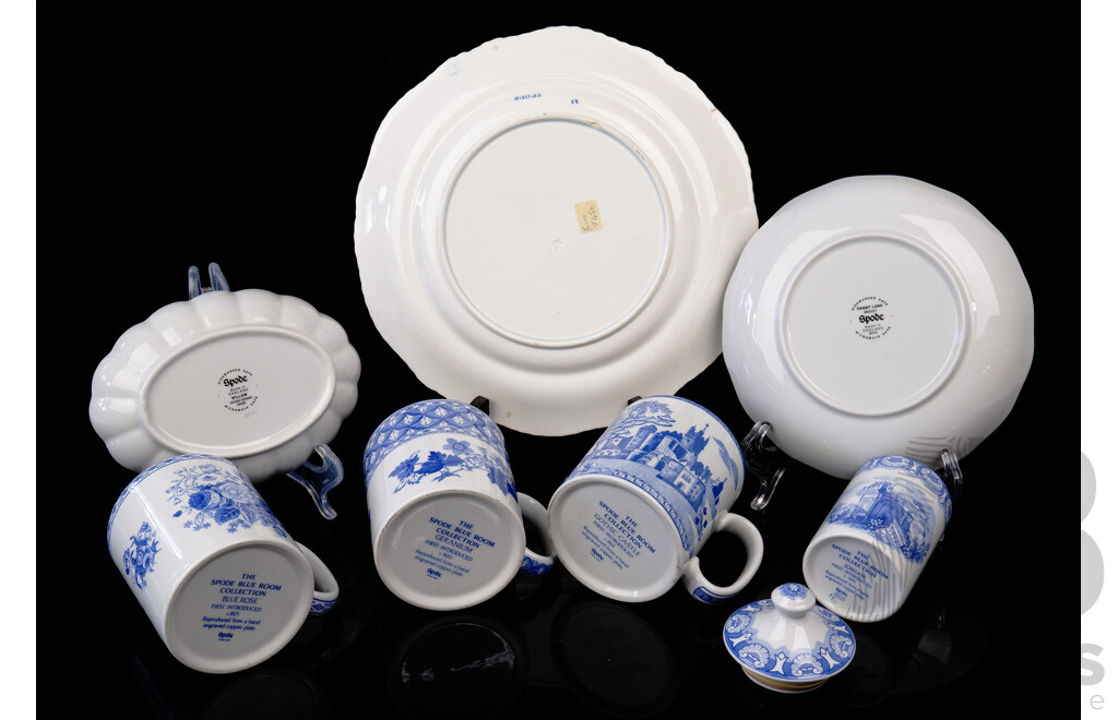 Collection Seven Spode Porcelain Pieces Including Three Blue Room Collection Mugs, Willow Pattern Oval Dish and More