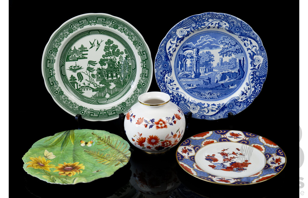 Collection FIve Spode PorcelainPieces Including Vase in Boroda Pattern & PLates in  Shima, Floral Haven, Italian and Green Willow Patterns