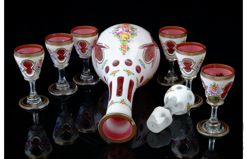 Vintage Bohemia Glass Decanter and Six Glass Set with Flashed Cut Overlayed Ruby Glass and Hand Painted Floral Detail