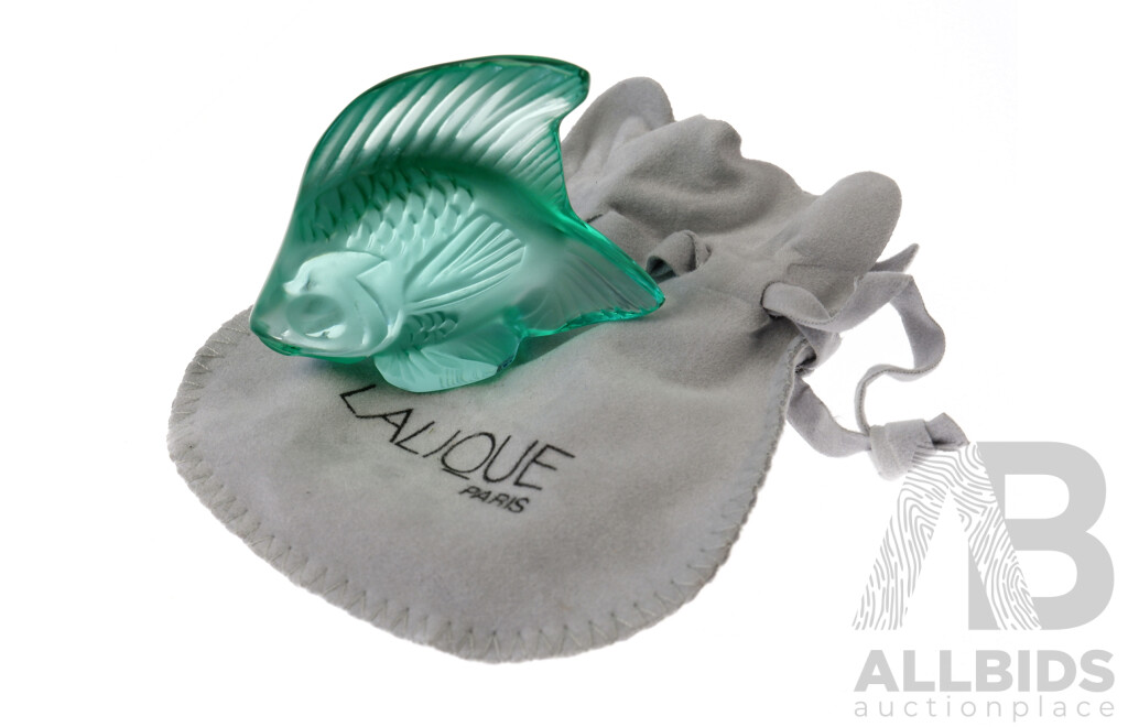 French Lalique Crystal Green Angel Fish Figure in Original Bag
