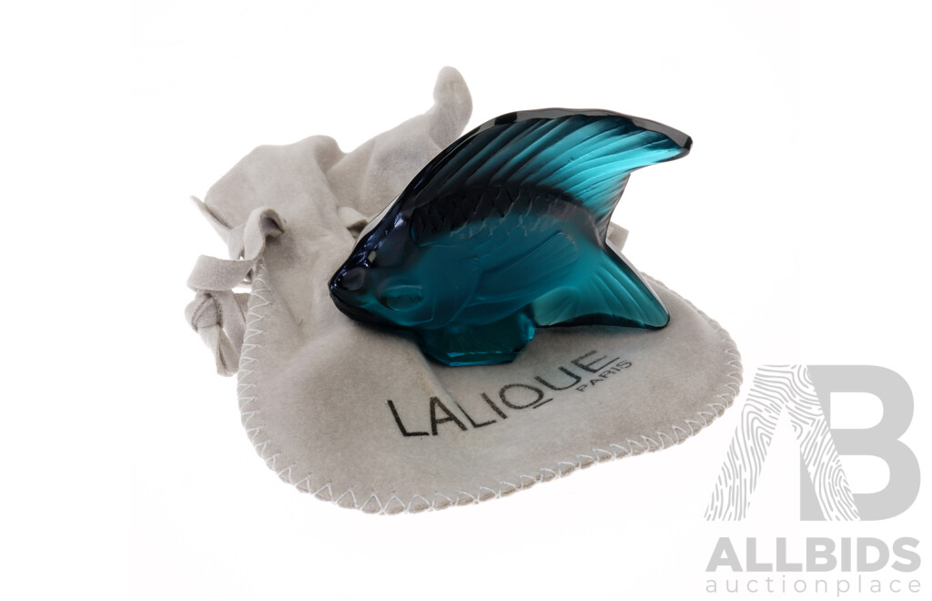 French Lalique Crystal Blue Angel Fish Figure in Original Bag