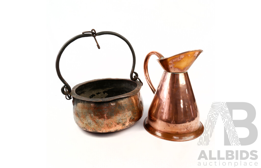 Antique Hand Beaten Middle Eastern Copper Cooking POt with Hand Forged Iron Handle Along with Another Antique Copper Jug
