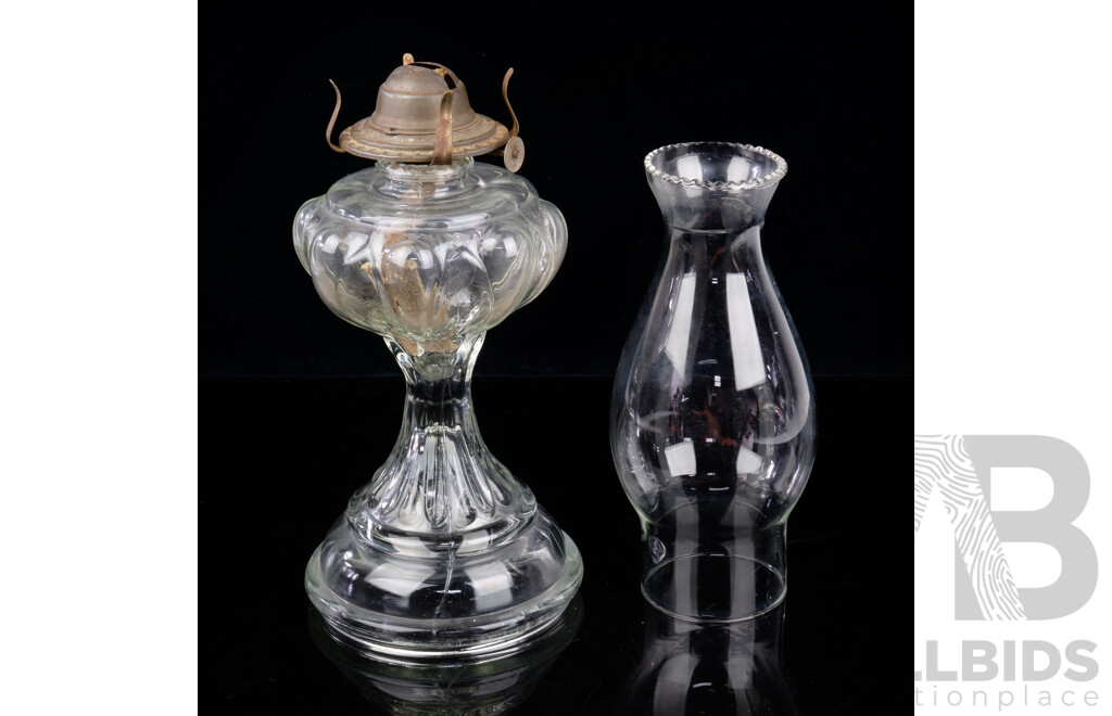 Antique Pressed Glass OIl Lamp with Glass Chimney