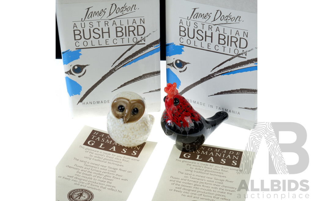 Two Hand Blown Australian Studio Art Glass Bird Figurines by James Dodson From Tasmanian Glassblowers in the Australian Bird Series in Original Boxes