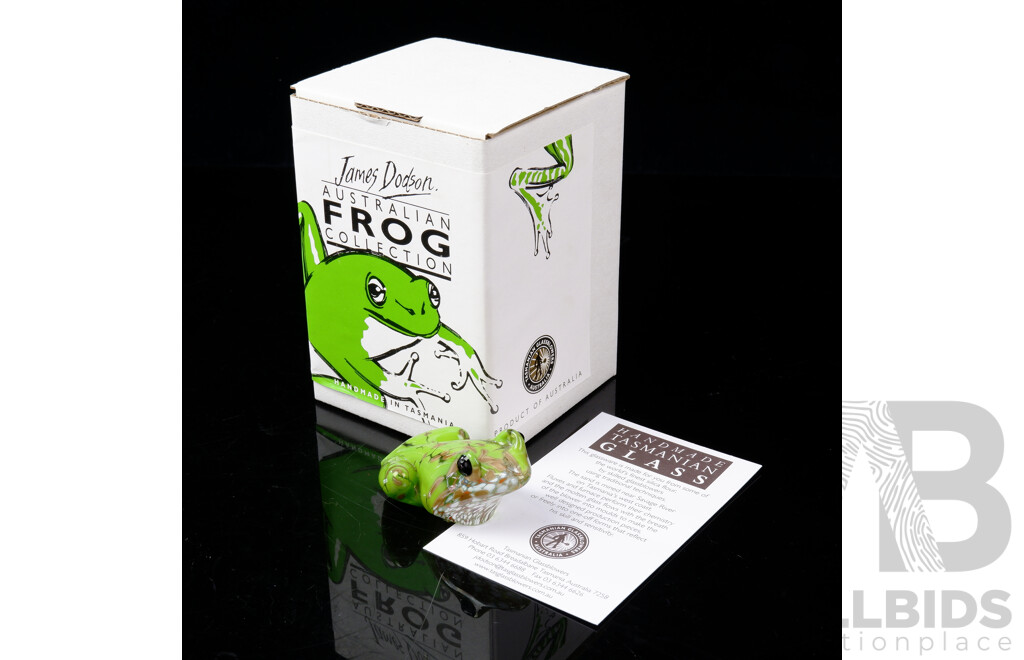 Hand Blown Australian Studio Art Glass Frog Figurine by James Dodson From Tasmanian Glassblowers in the Australian Frog Collection in Original Boxes