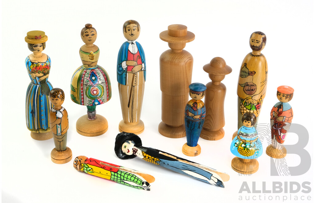 Collection Eight Hand Carved and Decorated Tasmanian Deepings Sassafras Figures Along with Two Hand Decorated Wooden Pegs and More