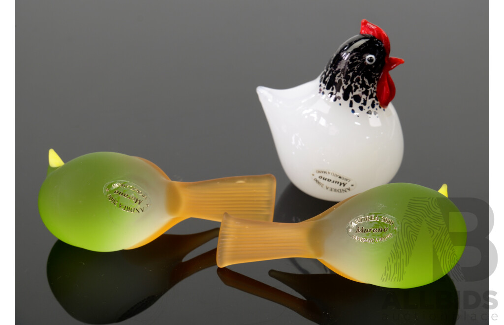Collection Three Hand Blown Murano Glass Andrea 2000 Series Bird Figurines with Original Labels