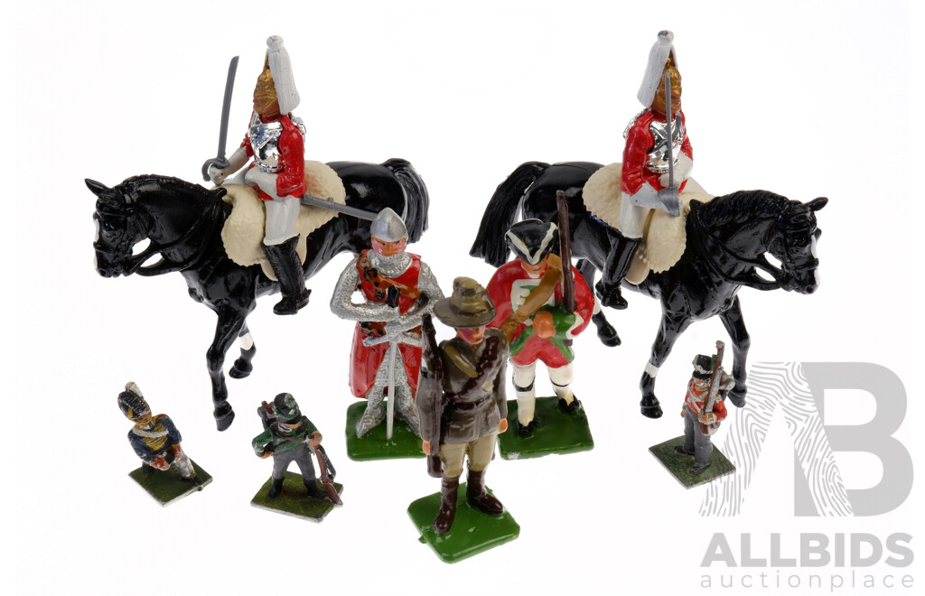 Collection Eight Lead Toy Soldier Figures in Different Scales Including Two Royal Houshold Cavalry Mounted Figures and More