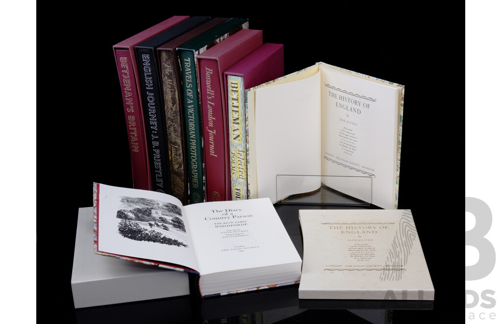Collection Eight Folio Society Publications Relating to England Including Jane Austens History of England, Boswells London Journal and More, All Hardcovers with Slip Cases