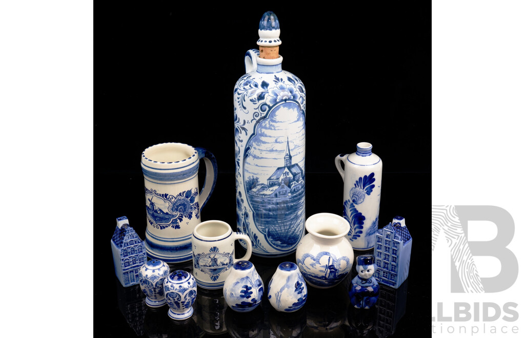 Collection 12 Vintage and Other Delft Hand Painted Blue and White Pieces