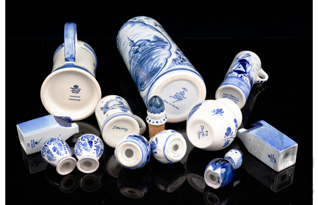 Collection 12 Vintage and Other Delft Hand Painted Blue and White Pieces