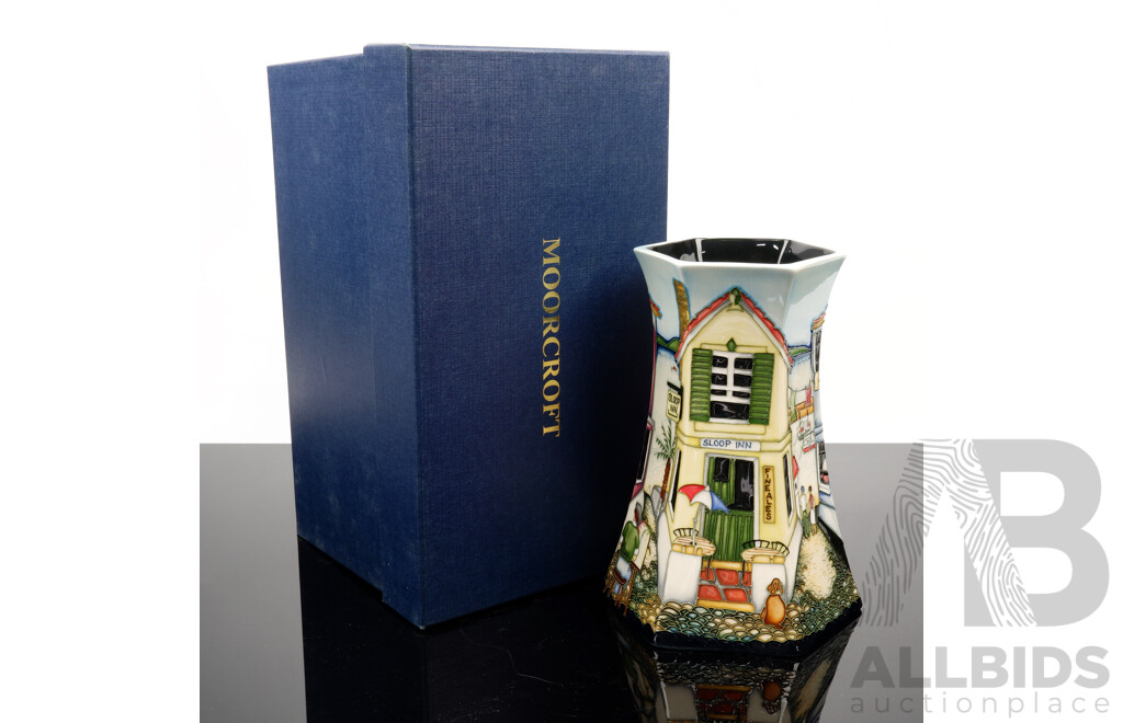 Moorcroft Porcelain Limited Edition 126 of 200, Six Sided Vase in Cornish Cove Pattern by Paul Hilditch in Original Box