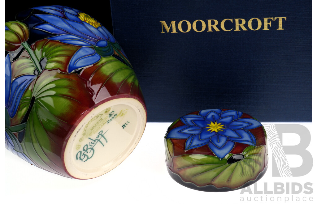 Moorcroft Porcelain Numbered Edition 211 Ginger Jar in Blue Lotus Pattern by Rachel Bishop in Original Box