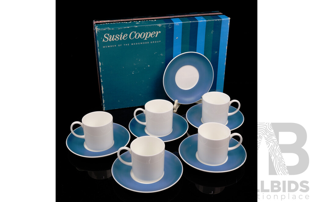 Set Five Suzie Cooper Duos in Kingfisher Pattern Woith One Extra Saucer by Wedgwood Group in Original Box
