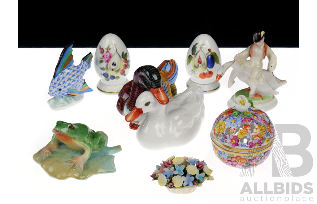Nice Collection Eight Herend Hand Painted Porcelain Figures Including Angel Fish, Frog, Duck Pair, Fantastic Pierced Lidded Floral Dish, PAir Egg Form S & P Shakers and More