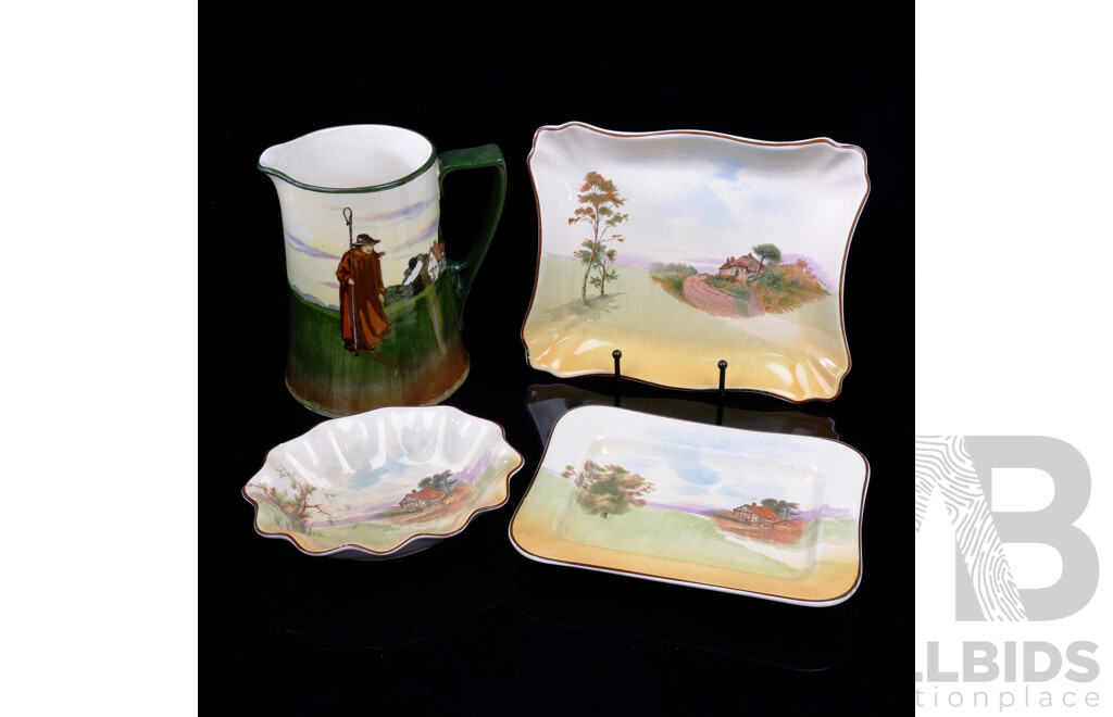 Collection Four Antique Royal Doulton Porcelain Pieces with Rural Scenes Including Large Jug and More
