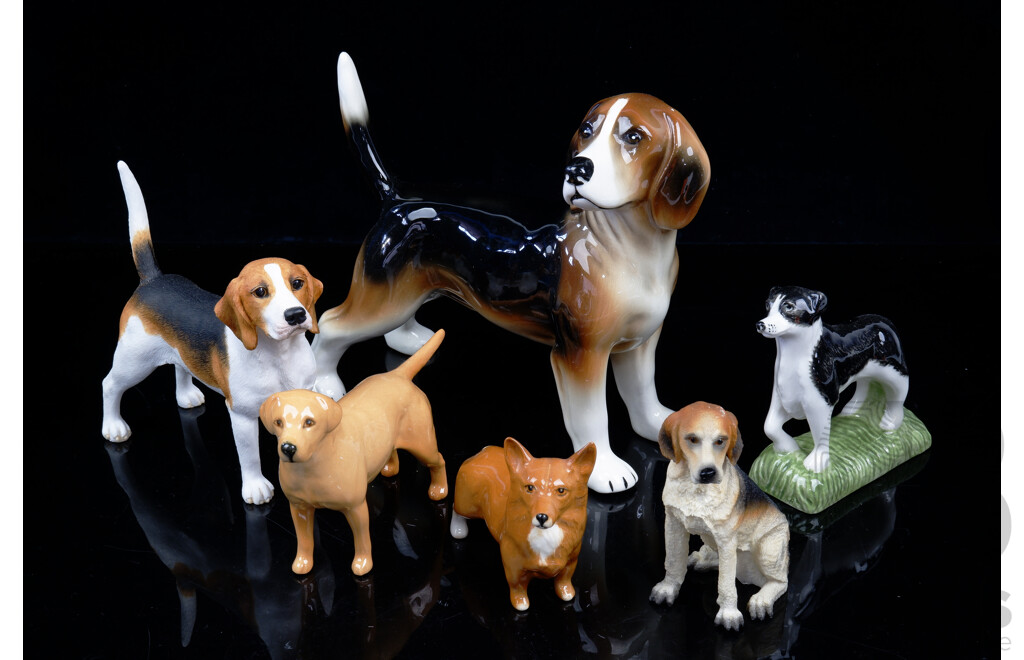 Collection Six Porcelain and Other Canine Figures Including Beswick Corgi & Golden Retriever and More