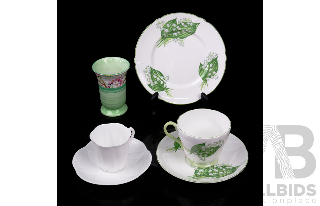 Collection Six Antique Shelly Porcelain Pieces Including Lilly of the Valley Trio, Maytime Vase and More