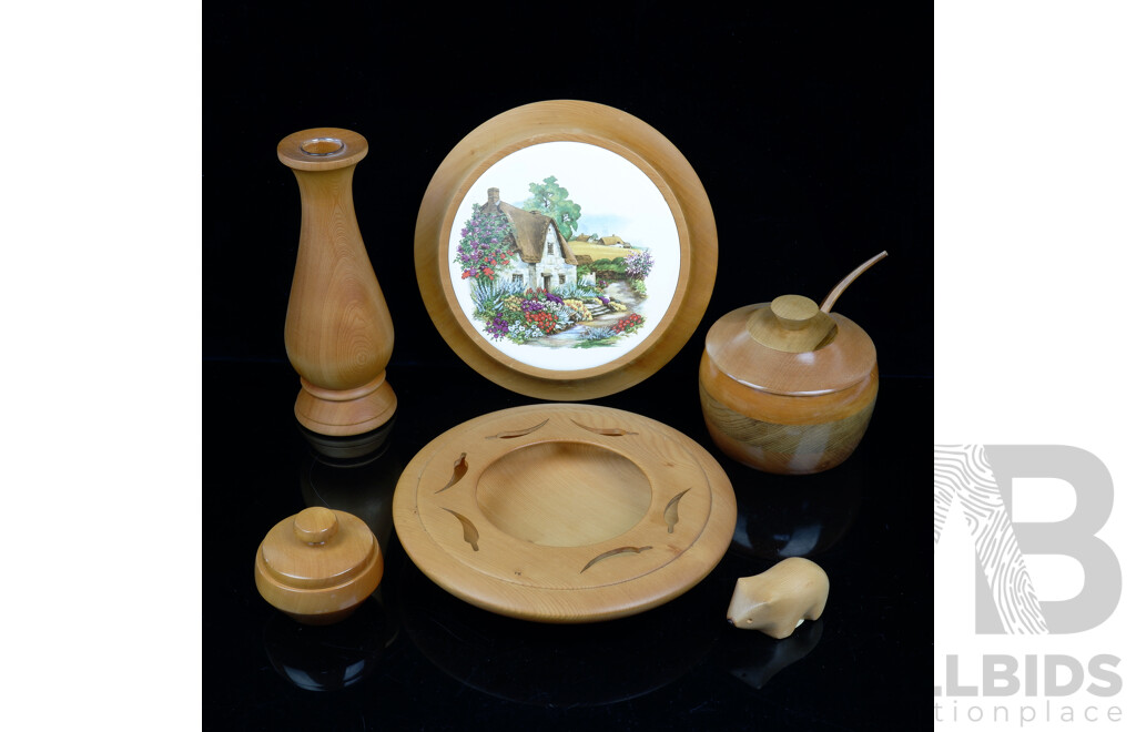 Collection Hand Made Tasmanian Huon Pine Pieces Including Vase, Wombat Figure and More