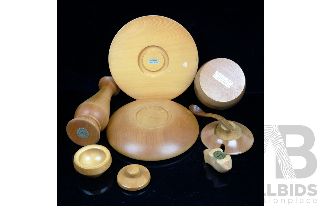 Collection Hand Made Tasmanian Huon Pine Pieces Including Vase, Wombat Figure and More