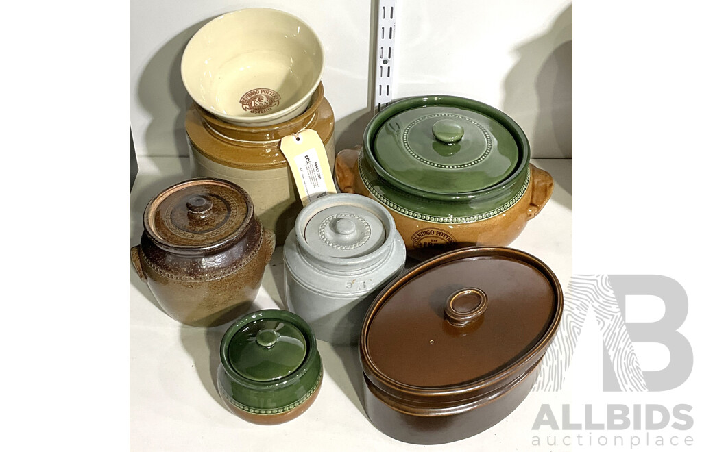 Collection Seven Bendigo Pottery Pieces Including Large Lidded Casserole, Wedgwood Oval Brown Lidded Casserole, Antique Crock and More