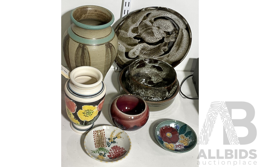 Collection Vintage Australian Studio Pottery Including Vase by Helen Taylor, Two Small Bowls by Lindy Rose and More