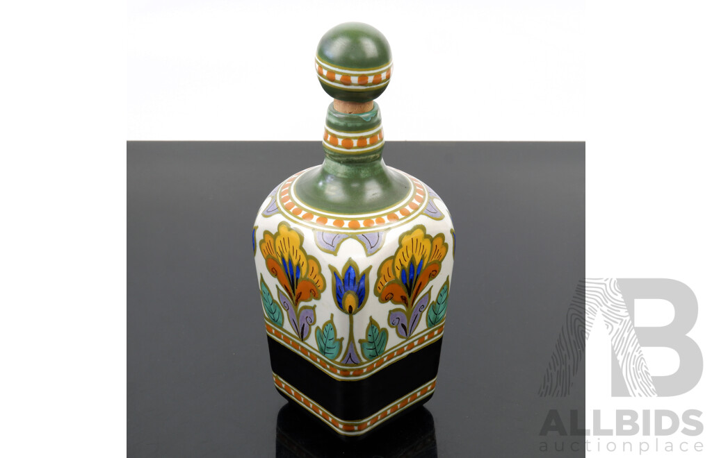 Antique Art Deco Gouda Hand Painted Ceramic Decanter with Stopper