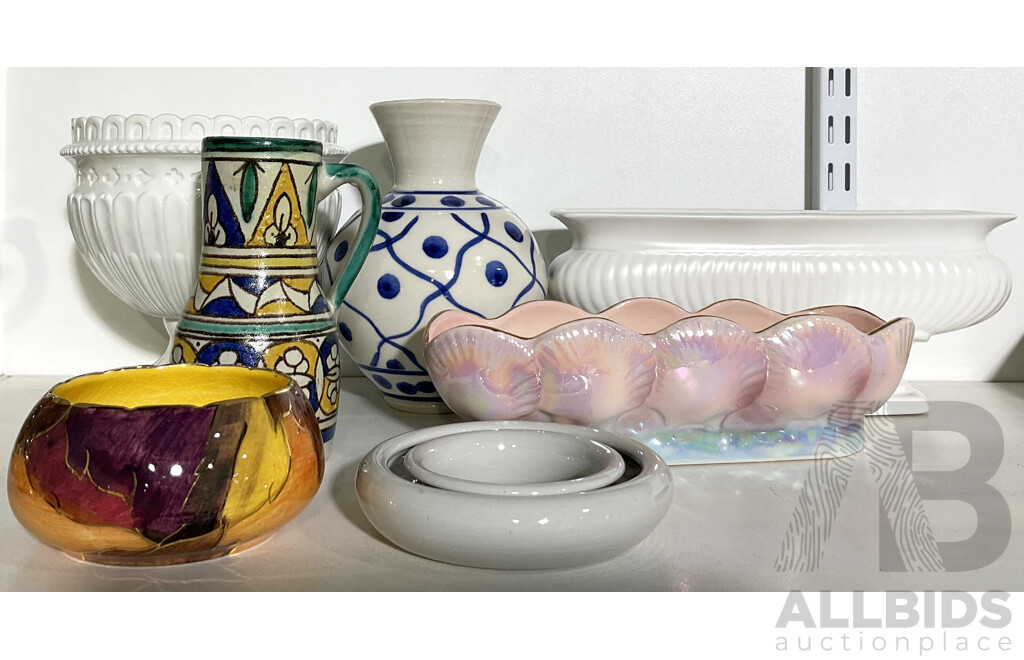 Collection Vintage Australian and Other Ceramics Including Iridescent Trough Vase with Scallop Shell Motif and More