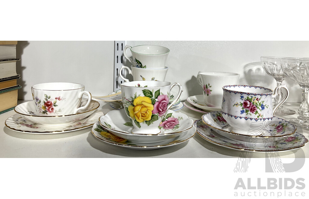 Collection Six Vintage English Porcelain Trios Including Royal Standard, Royal Albert Petit Point Pattern and More