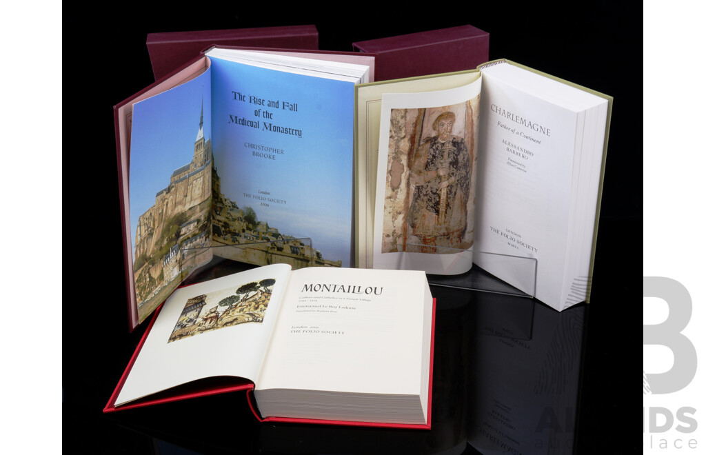 Three Folio Society Titles Comprising Montaillou by E Leroy Ladurie, 2005, Charlemagne, 2006, & the Rise & Fall of a Medievil Monastery, All Hardcovers in Slip Cases
