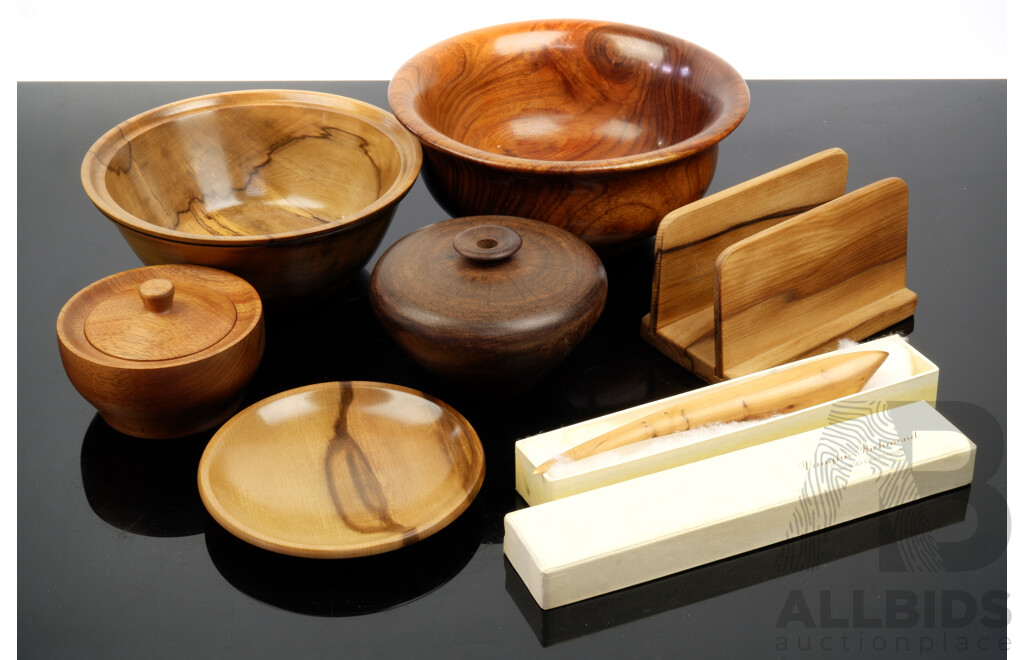Collection Hand Made Australian Studio Woodwork Items Including Tasmanian Sassafras Letter Holder and More