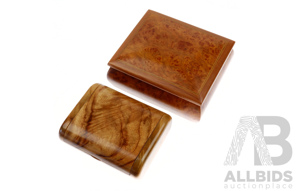 Two Hand Made Australian Studio Woodwork Boxes Comprising LArger Example in Myrtle Burl and Smaller Example Camphor Laurel Box by Luke Turner
