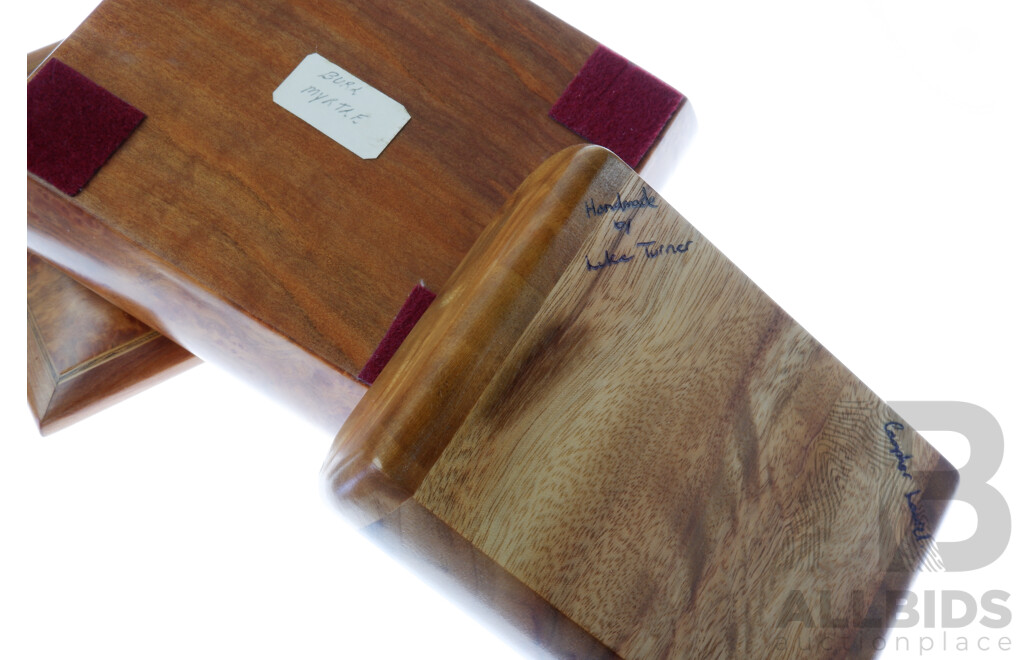 Two Hand Made Australian Studio Woodwork Boxes Comprising LArger Example in Myrtle Burl and Smaller Example Camphor Laurel Box by Luke Turner