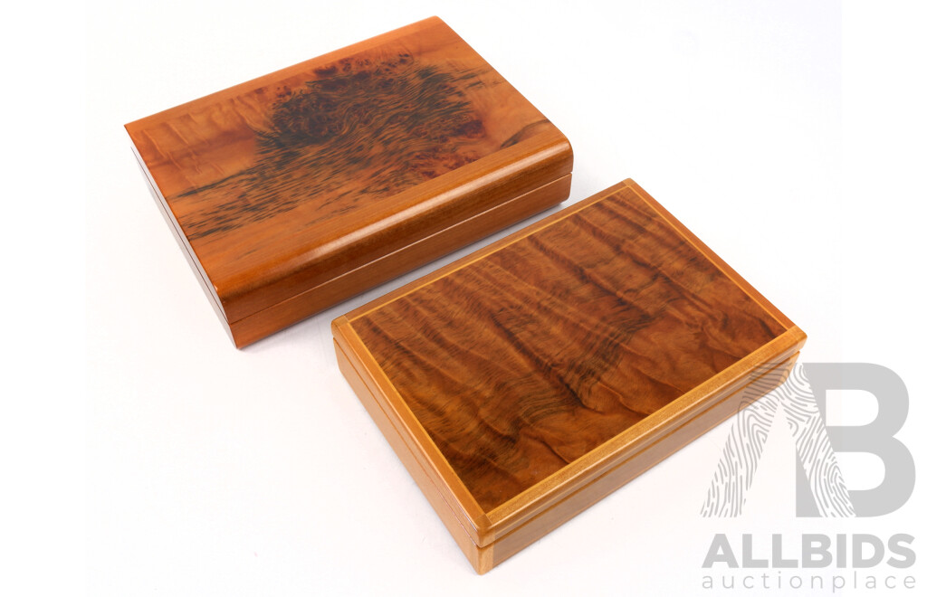 Two Hand Made Australian Studio Woodwork Boxes Comprising Larger Example Tiger Myrtle by Harry Schrepfer and Smaller Example Silky Oak by Peter Gorring