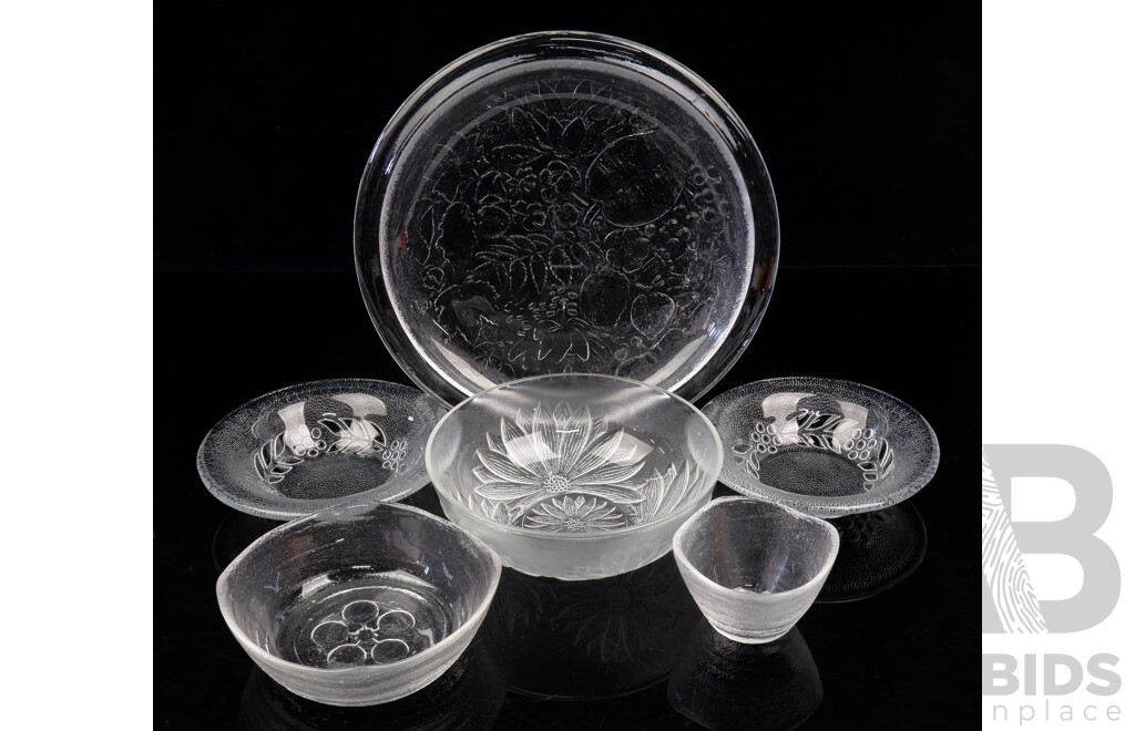 Collection Six Mid Century Style Scandinavian Frosted Glass Ware Including Marigold Motif Serving Bowl and More