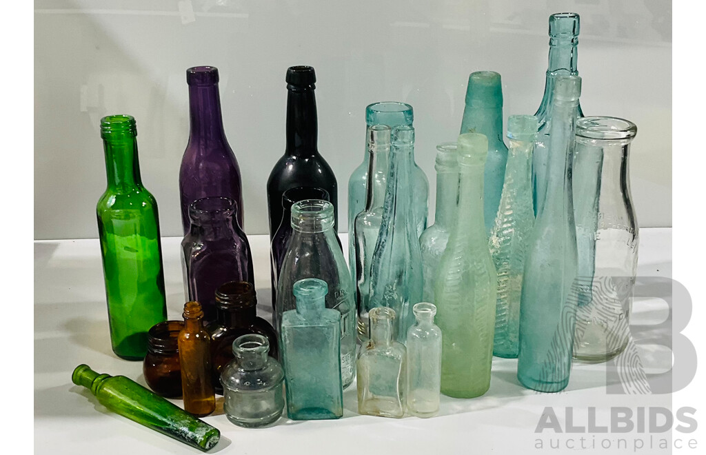 Collection Antique and Other Bottles Including Amethyst Glass Examples, Vintage Milk Bottles and More
