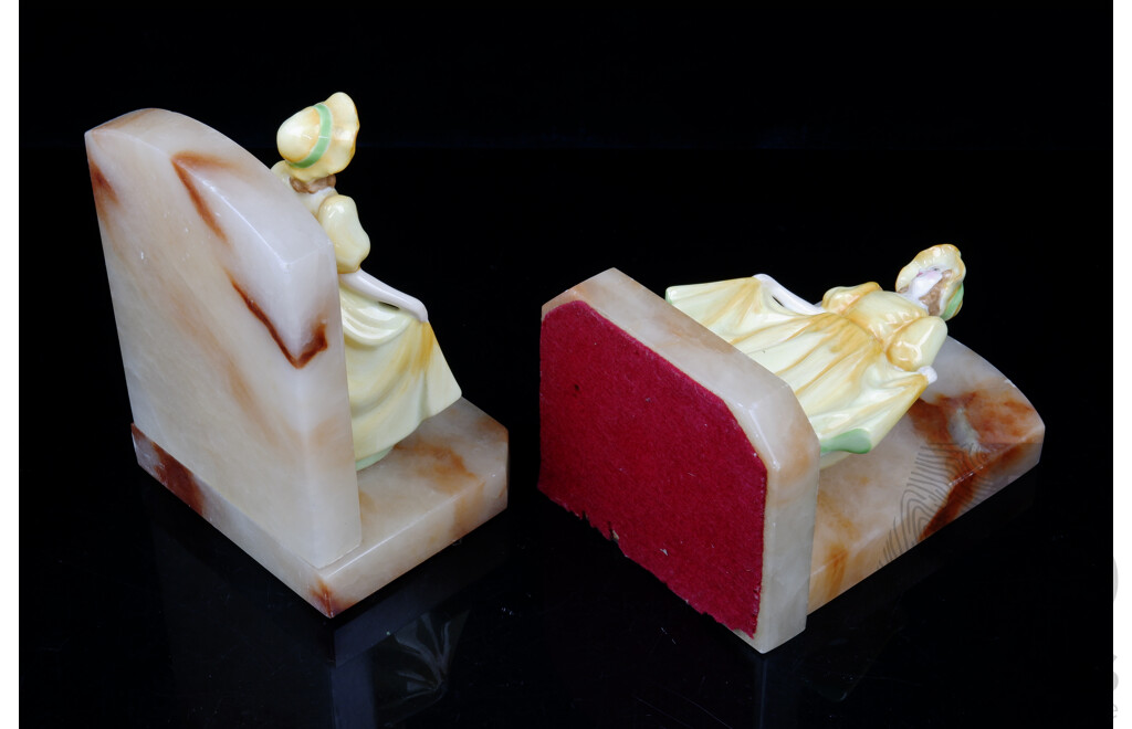 Pair Antique on Alabaster Bookends with FIne Bone China Ladies Figures