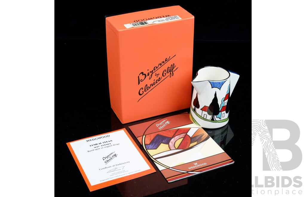 Clarice Cliff for Wedgwood in Bizarre Design, Conical Cream Jug in May Avenue Design in Original Box with Certificate of Authenticity