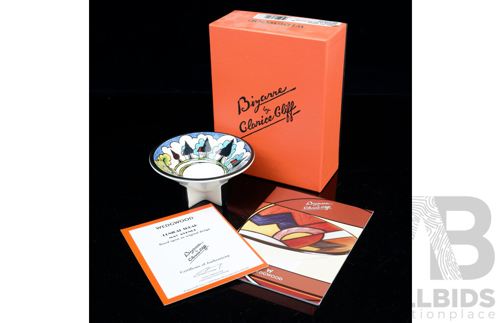 Clarice Cliff for Wedgwood in Bizarre Design, Conical Sugar Bowl in May Avenue Design in Original Box with Certificate of Authenticity